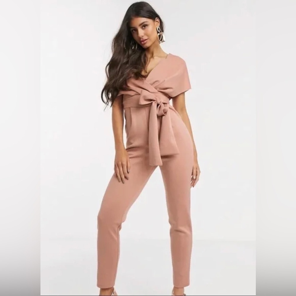 ASOS Petite Fallen Shoulder Scuba Jumpsuit in Blush - Picture 7 of 9
